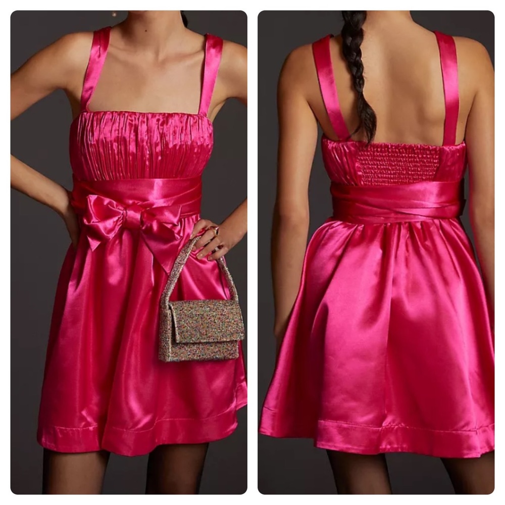 Anthropologie Maeve Bow Tie Satin Mini Cocktail Dress Size 6 Pink Dance Prom